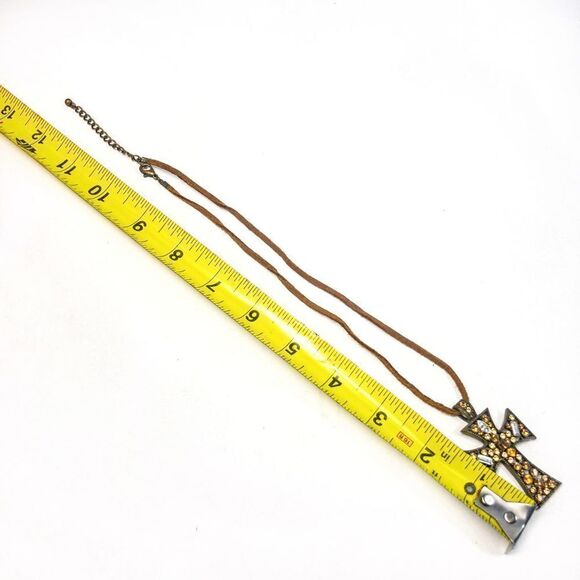 Amber/Citrine Tone Encrusted Holy Cross Pendant Leather Necklace - Picture 7 of 7